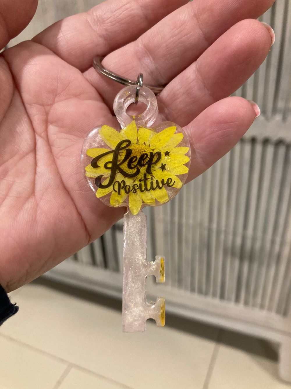 Keychain - skeleton key, inspirational, pink, “keep positive...