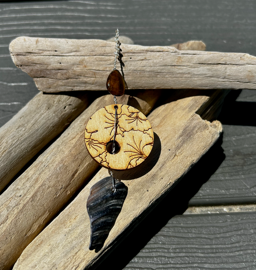 Tiger's Eye Wood Flower Bead with Blue Sea Shell Pendant