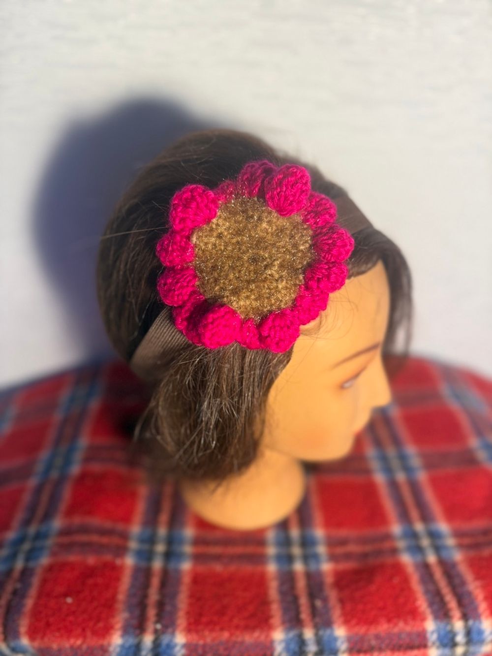 Brown Elastic Headband with Crocheted Pink Flower