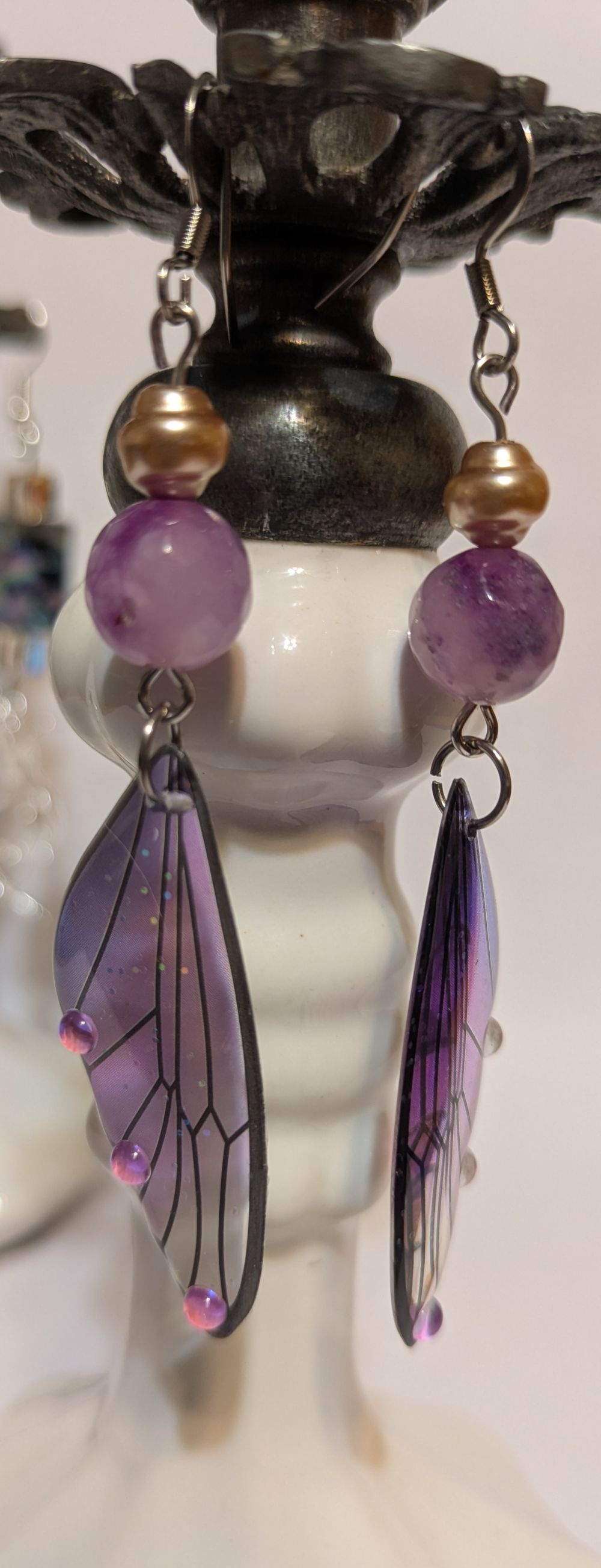 Purple resin butterfly wings with natural stone bead accents