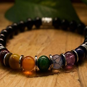 8" - Black onyx, ruby red jade, golden tigereye, orange jade, green quartz, indigo, amethyst, hematite, and lapis