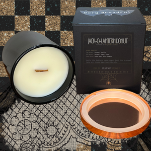 Jack-O-Lantern Donut Wooden Wick Candle by Gory Dreadful Candle Co