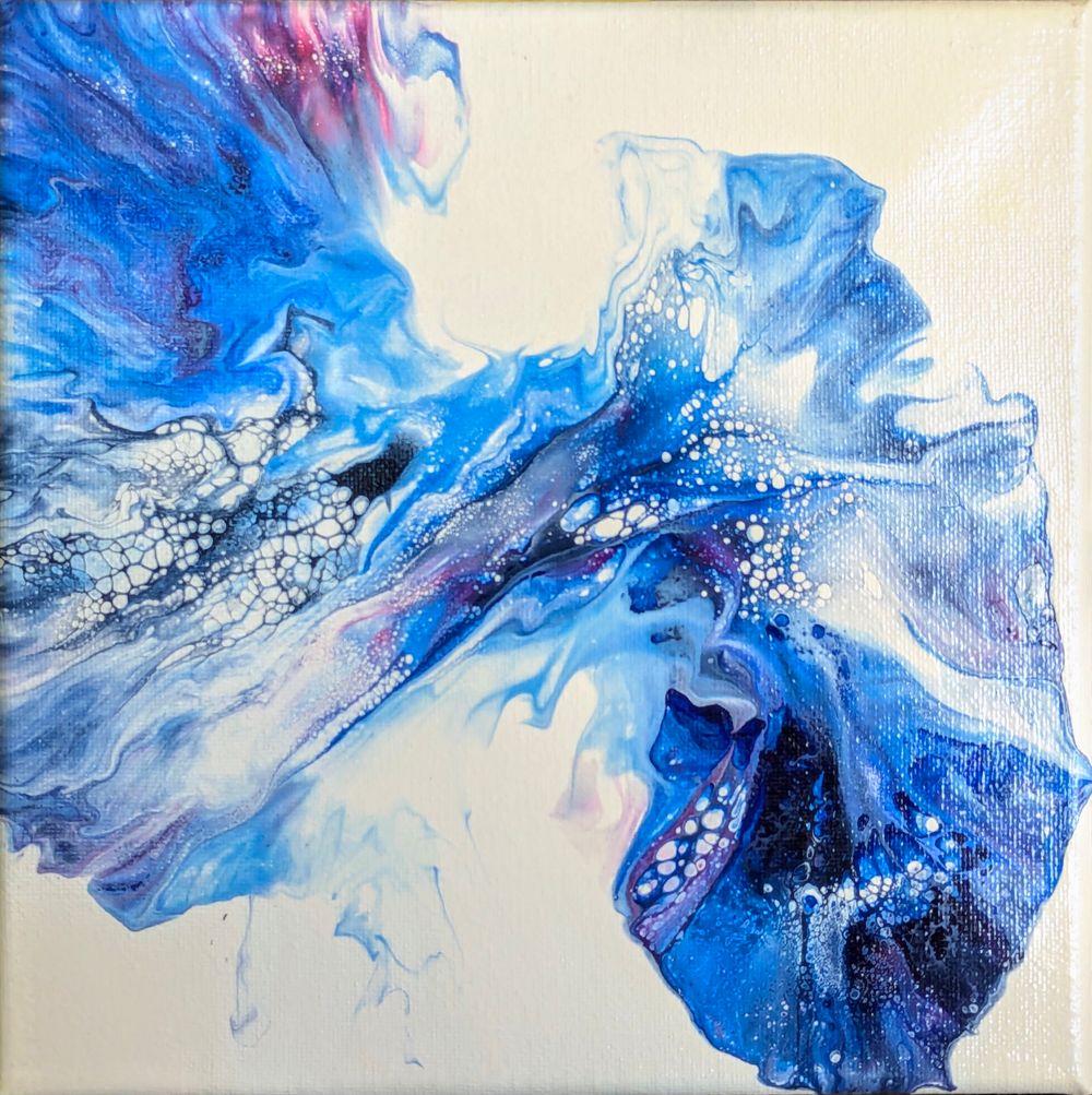 A square Dutch pour painting; the colors are blues with a hint of red blending into purple, and the background is pale beige.