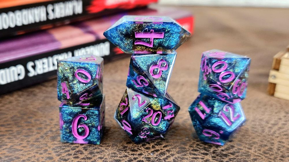 Gem Mine polyhedral set of seven(7) dice purple, blue, green
