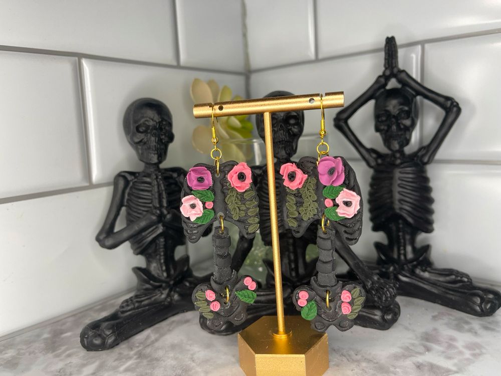 Black Floral Skeleton Earrings