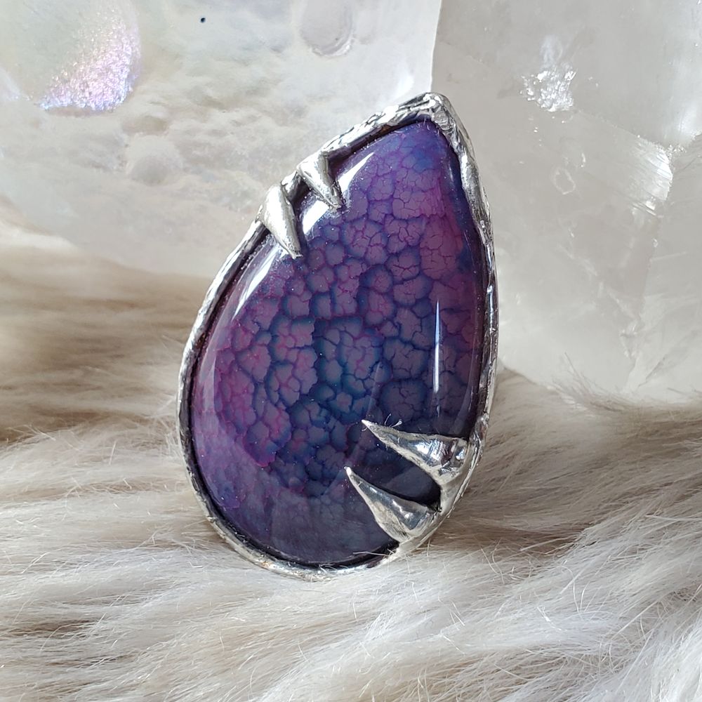 Mother of Dragons - Silver Soft Solder Dyed Dragon Vein Agate Adjustable Ring
