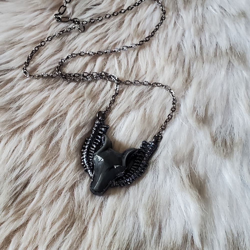 Shadow Fang - Silver sheen obsidian carved wolf necklace