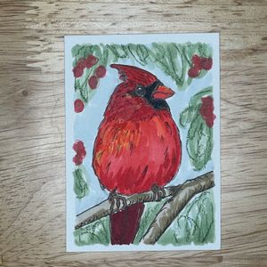 Cardinal ACEO original painting shown on flat surface