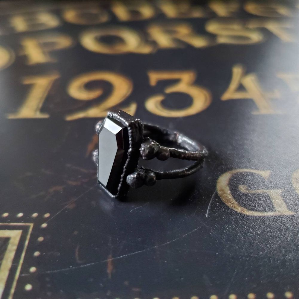 Black Spinel Electroformed Copper Coffin Ring - size 7.75