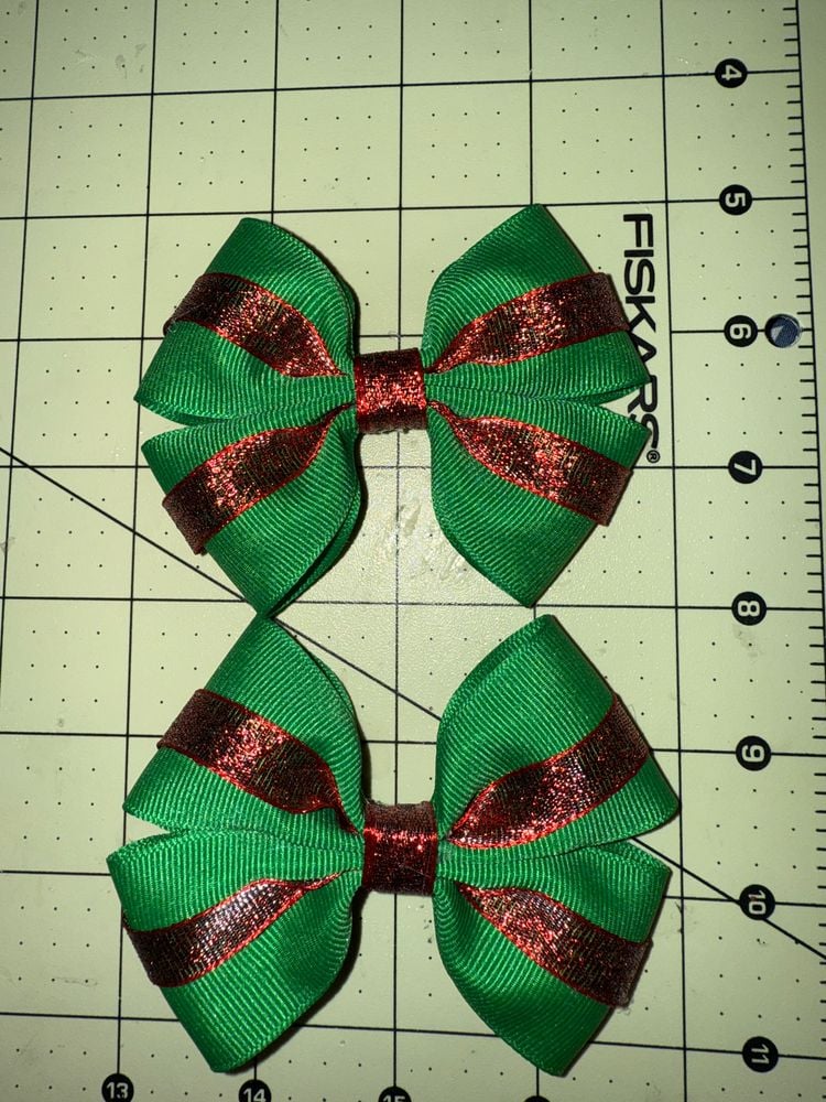 Green with Shimmery Red Accent & Center Pigtail Bows