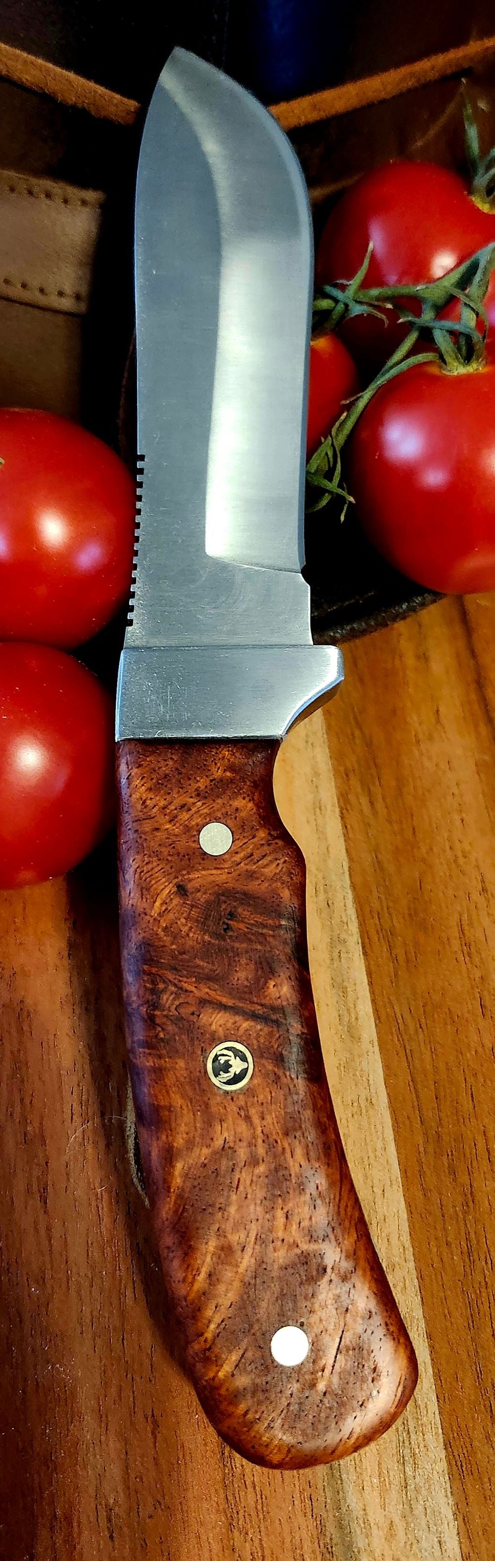 Skinner Knife with Red Ambonya Burl Handles