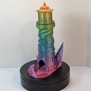 A 3D printed dice tower in the shape of a lighthouse, with a rocky base . It's printed in a very shiny rainbow filament. The dice catcher tray opens off to the side.