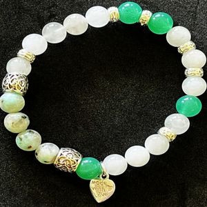 7" - Green aventine, sesame jasper, and Angola quartz with base metal spacers