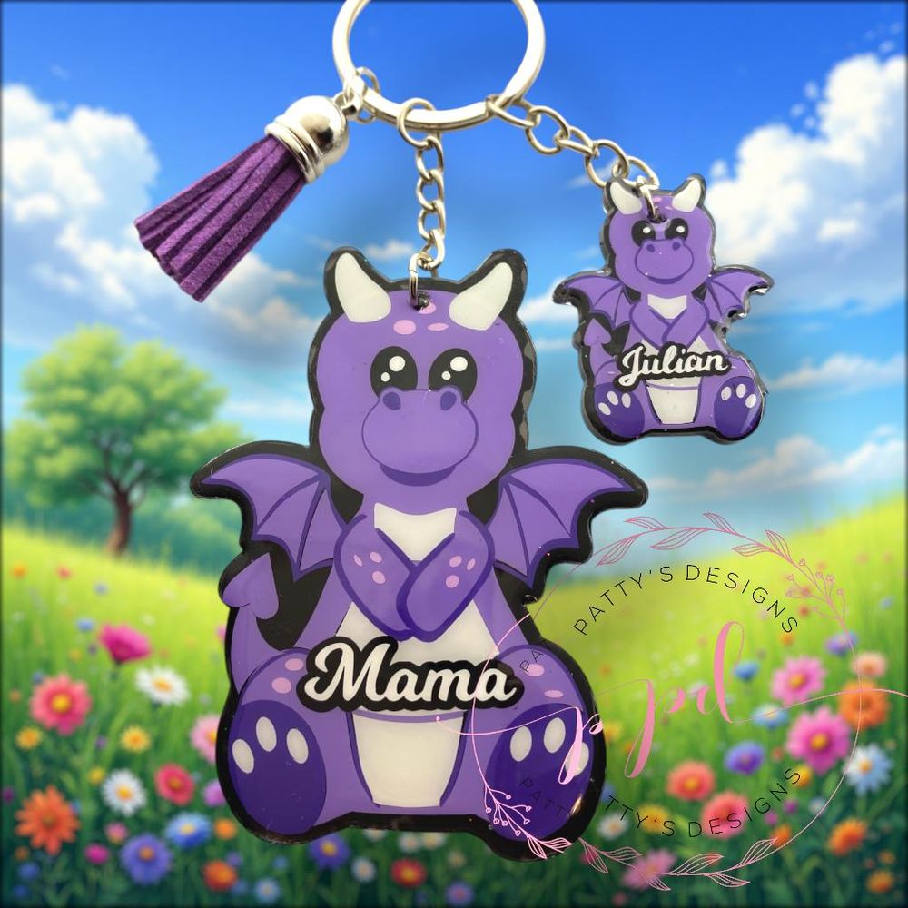 Mama Dragon and Babies Acrylic Keychain- Customizable
