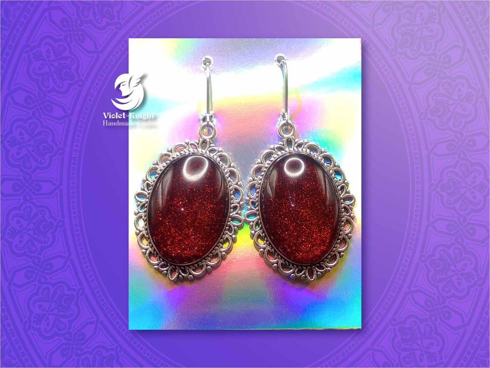  Vintage Style Ruby Red Glitter Pendant Earrings 
