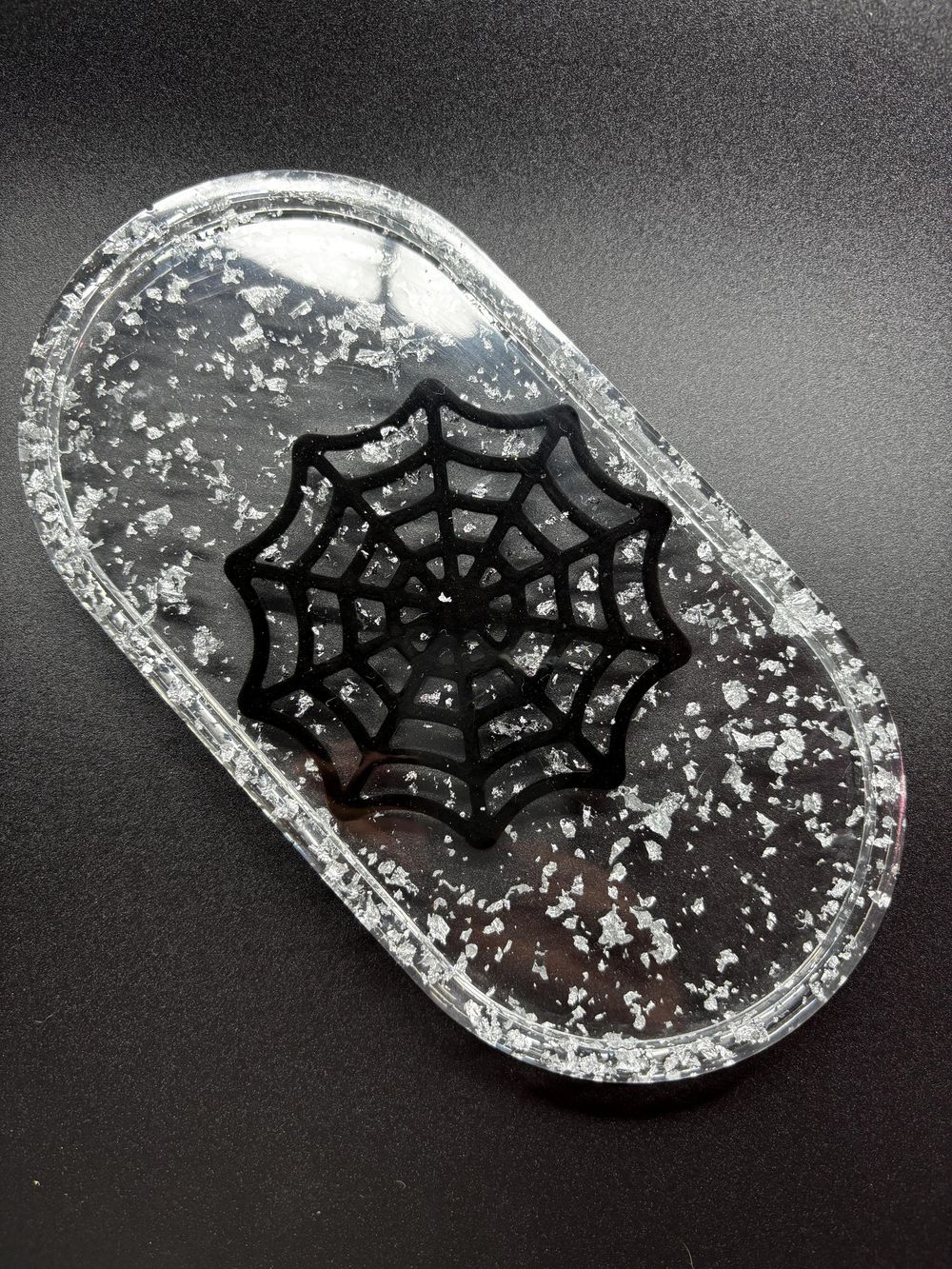 Spider Web Trinket Tray: Clear Resin with Silver Foil Accent