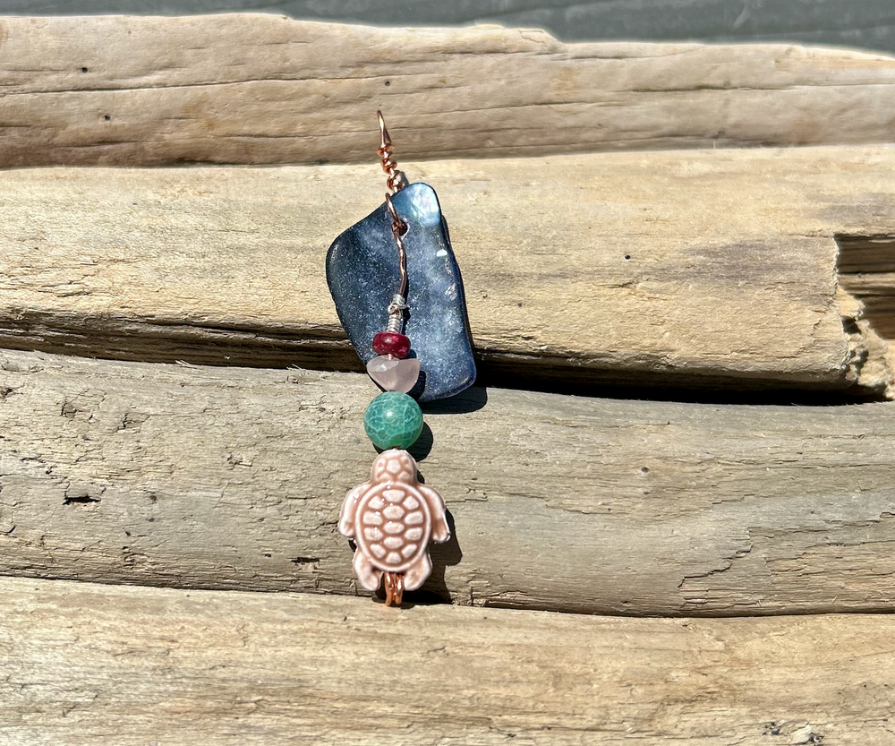 Blue Sea Shell with Pink Turtle Bead Agate