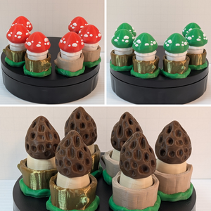 An image in three parts, with two squares at the top and a longer picture at the bottom. The top two pictures are 3D printed mushrooms in a tree base, one red and one green. The bottom is a batch of clicker mushrooms, styled like a Morel.