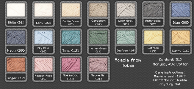 Acacia Baby Yarn Swatches (For the baby items not including blankets) pick UP TO TWO from this and/or the Acacia Print swatches.