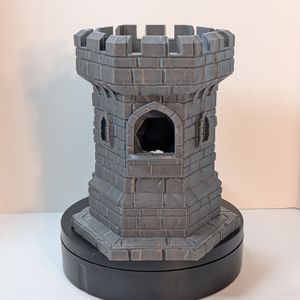 The rear of the 3D printed dice tower. There's a window in the top center where you drop a die in, for it to exit out the front.