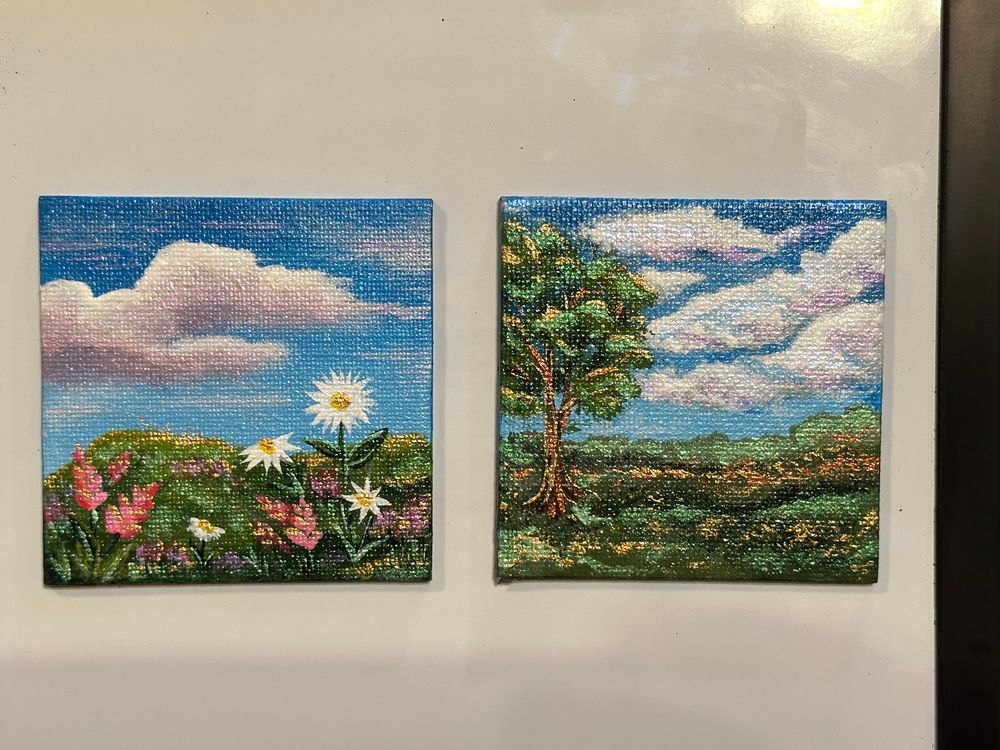 Set of 2 whimsical landscape magnetic mini paintings 
