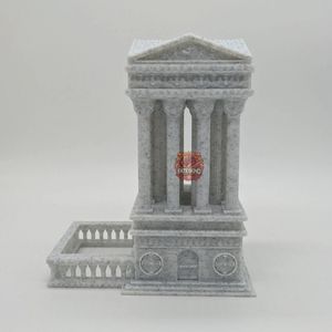 A side view of the 3d printed Grecian dice tower. The catch tray for the dice looks like hand rails or a fence.