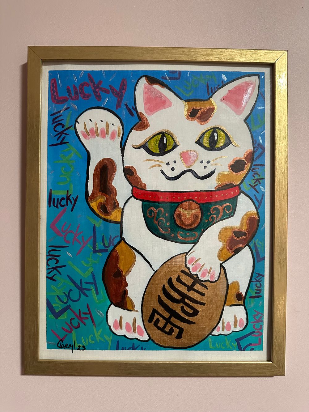 Framed Maneki-neko original acrylic painting 