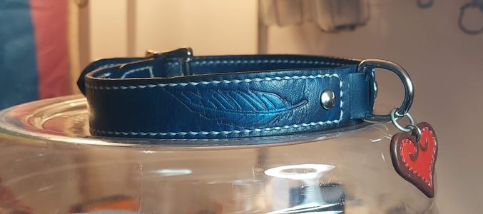 1.5" dyed collar with custom stamp and leather pendant. $180