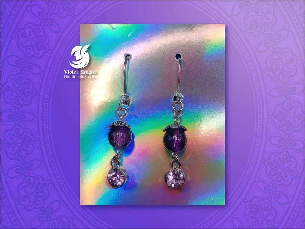  Purple and Black Cracked Glass Bead Dangle Earrings with Li...