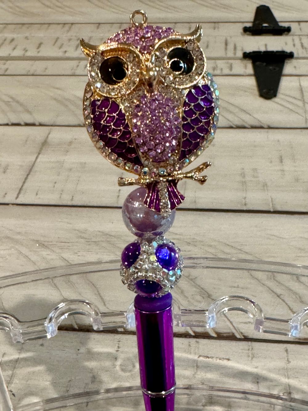 Purple rhinestone owl beaded pen