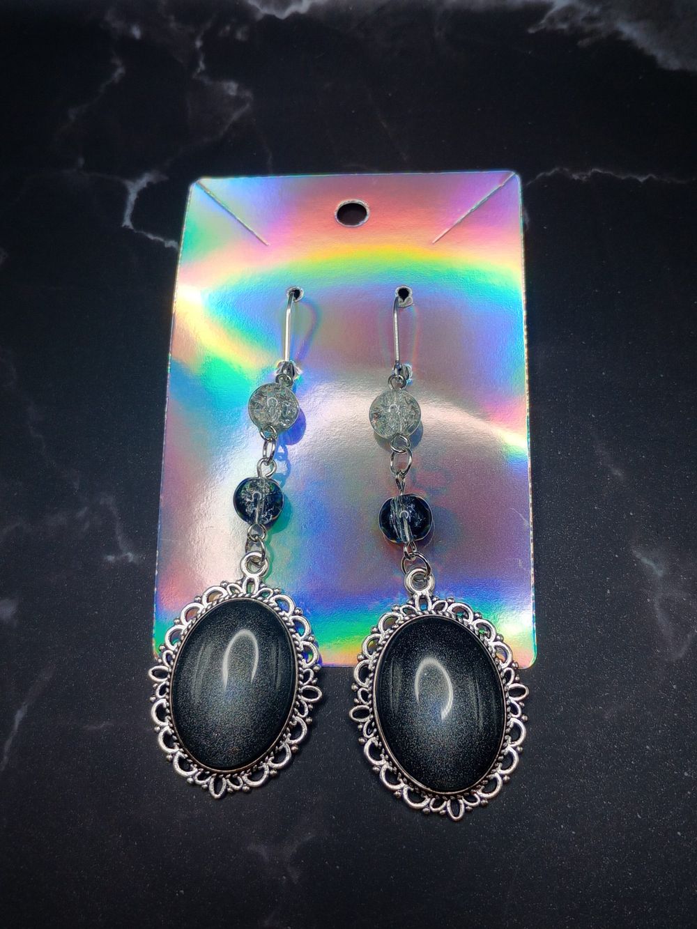  Vintage Style Black Holographic Glitter Pendant Earrings wi...