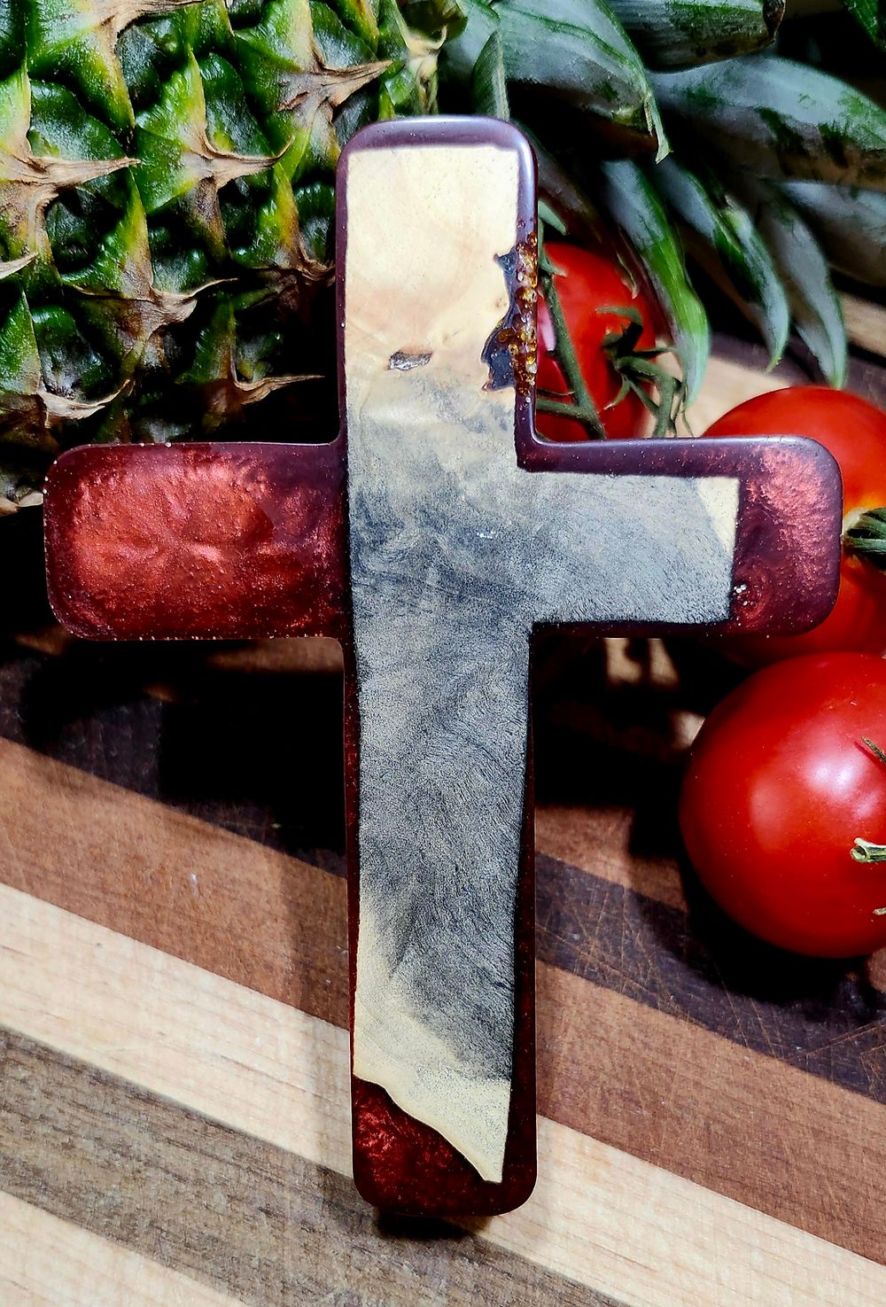 Cross- California Buckeye Burl and Candy Apple Red Resin