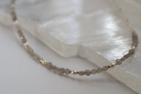 Close up of the faceted blue moonstone beads and freshwater pearls on the Selene Necklace.