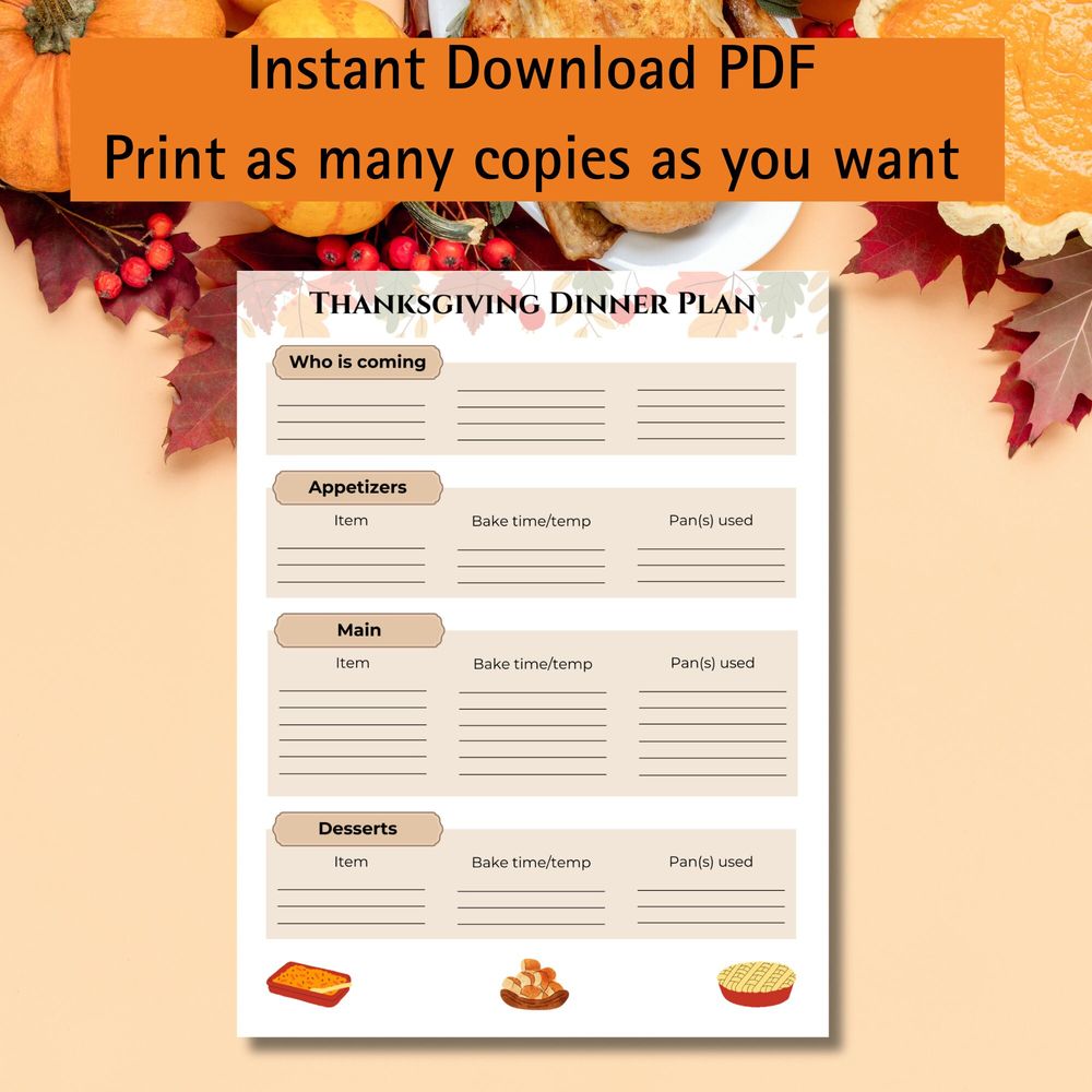 Thanksgiving Dinner Plan Printable (Instant download)
