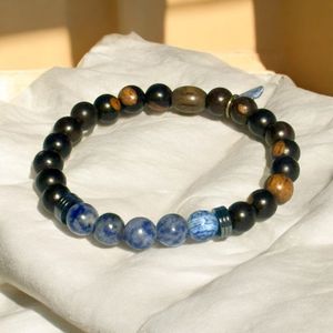 8.5" - Tiger Ebony Wood, Hematite and Sodalite beads