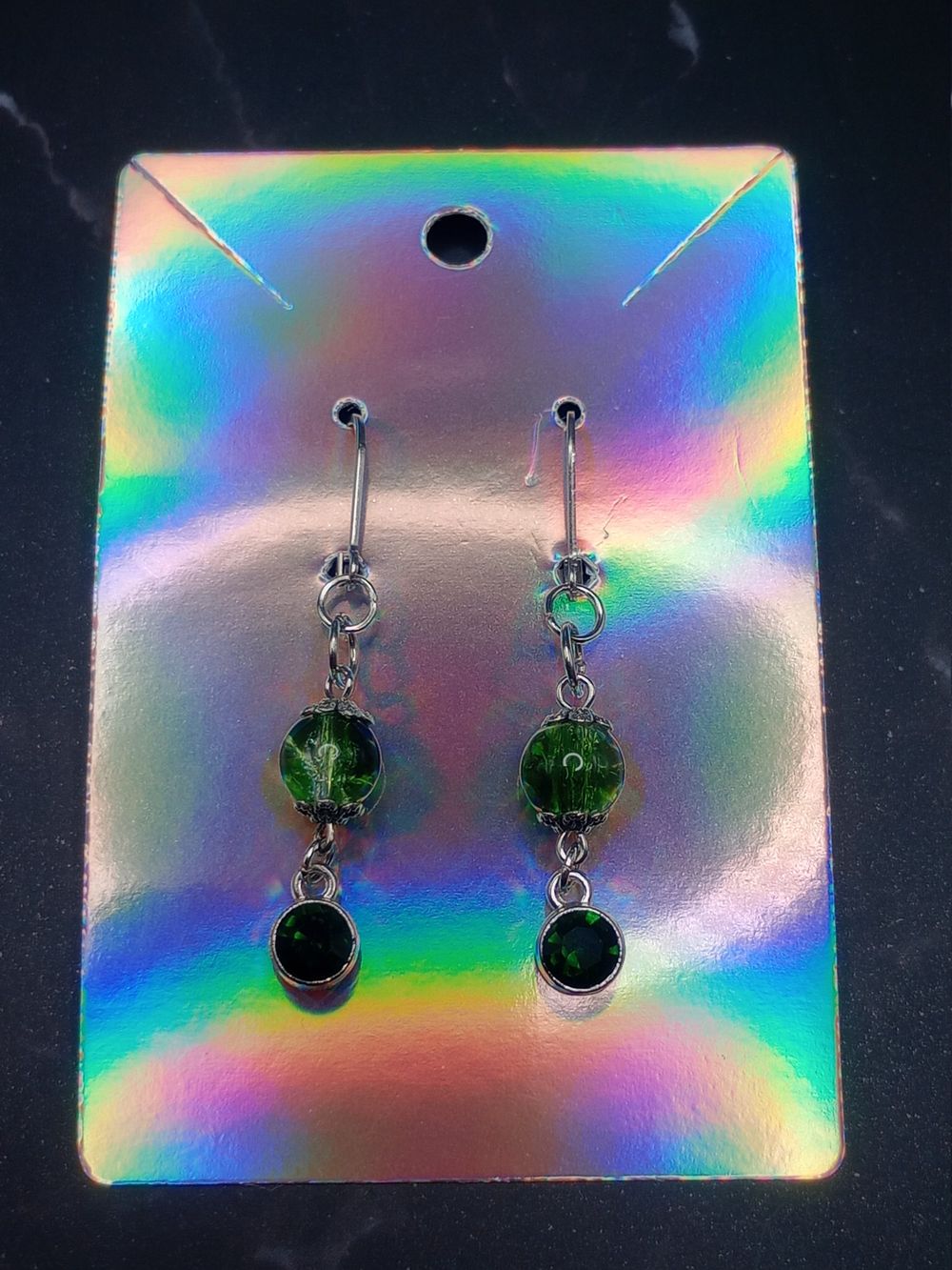  Green and Clear Cracked Glass Bead Dangle Earrings with Dar...