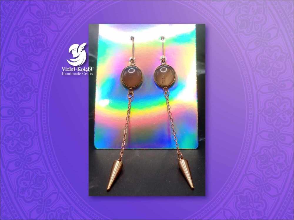  Smoky Quartz Gemstone Cabochon Spike Dangle Earrings with R...