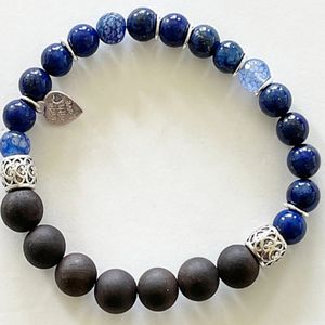 8" - Ebony blackwood, indigo or red tigers eye, and blue lapis lazuli with base metal spacers