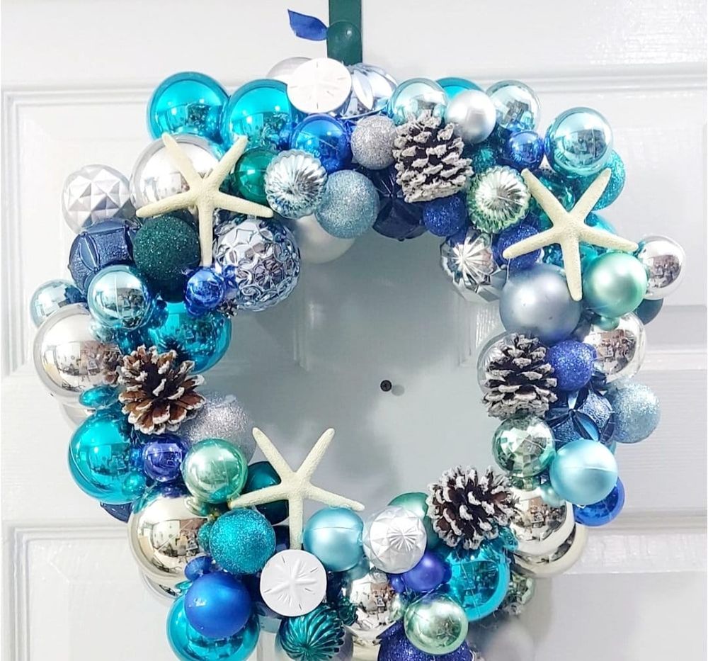 Beach Coastal Christmas Winter wreath with shatterproof ball...