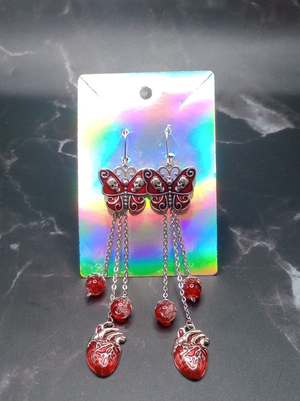  Red Skull Butterfly and Heart Charm Dangle Earrings 