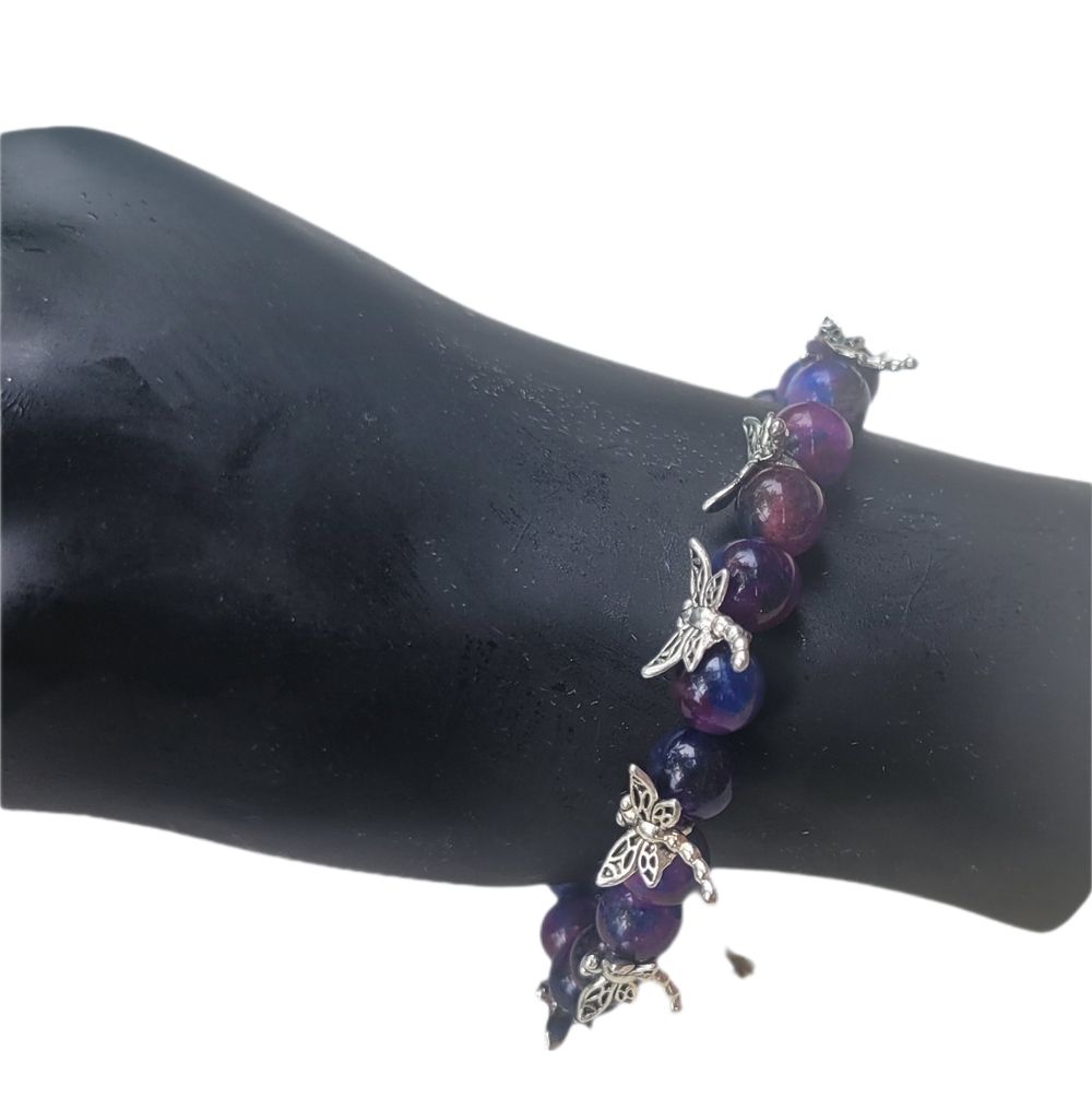 Natural Sugilite crystal silver dragonfly beaded bracelet 7....