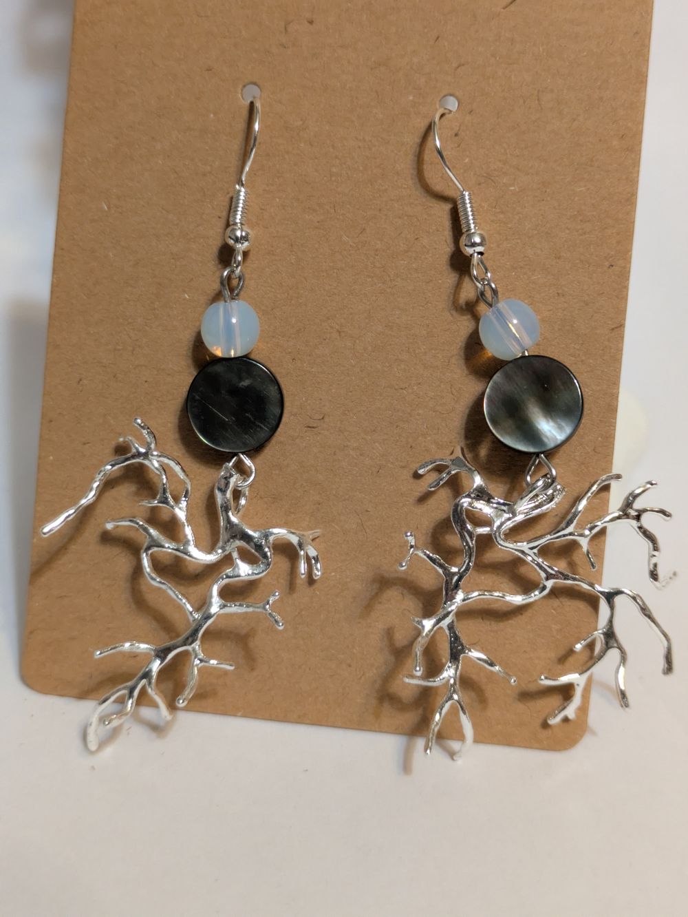 Silver root earrings with faux  abalone and glass beads