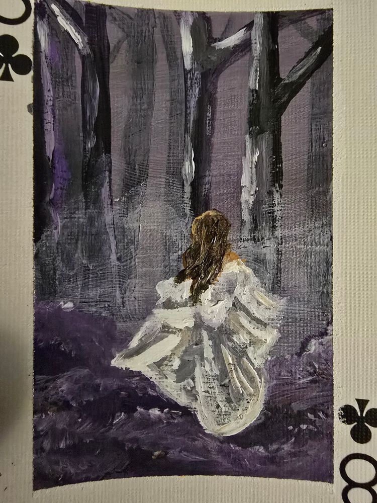 Girl running through forest this is a painting 