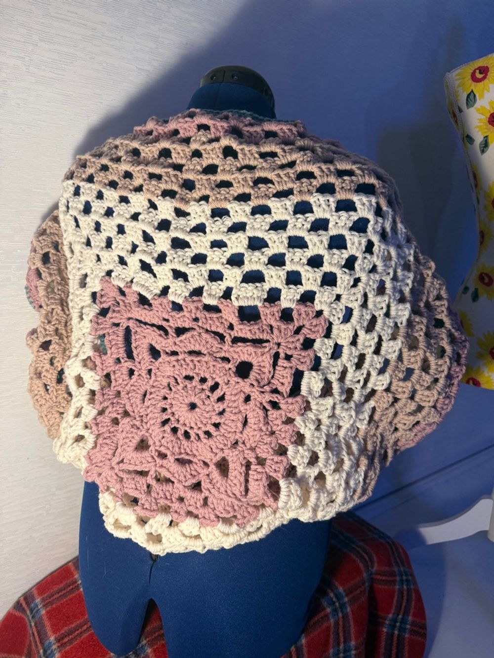 Dusty Pink, Off-white, Blue and Tan Granny Square Shrug