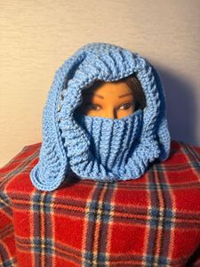 Front unfolded mask, folded hood