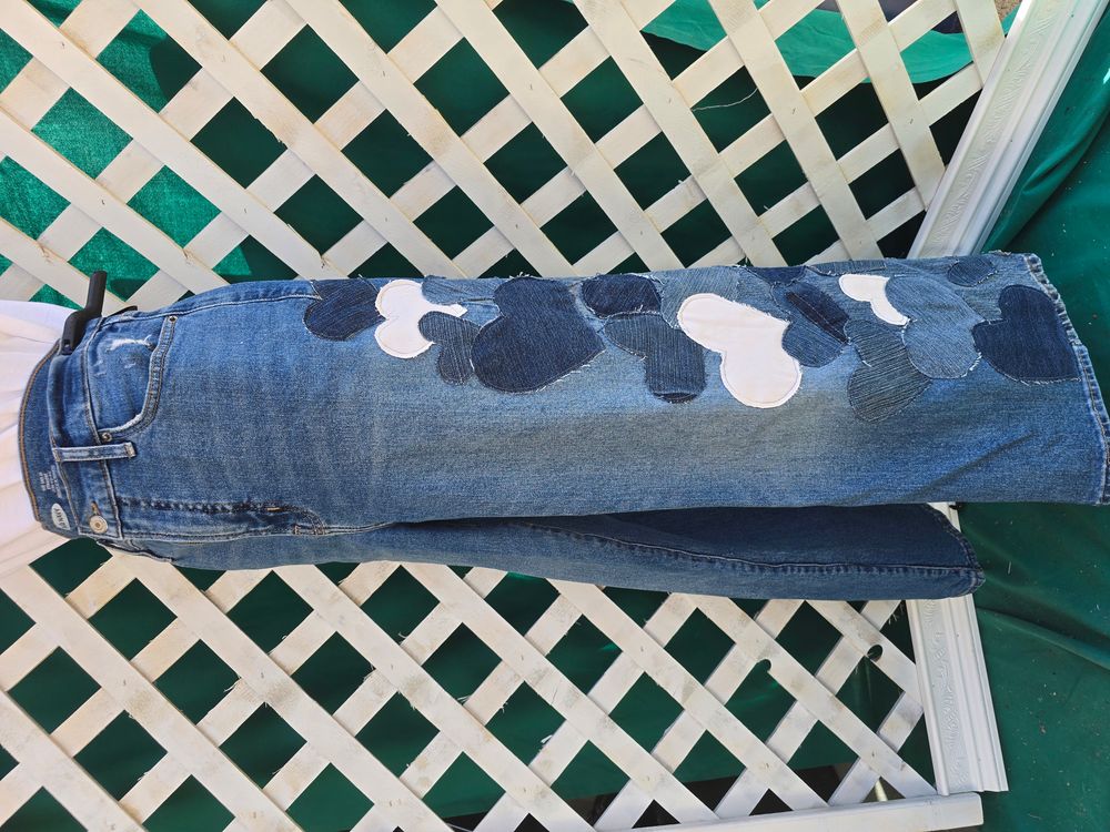 Upcycled wide leg jeans with patchwork hearts