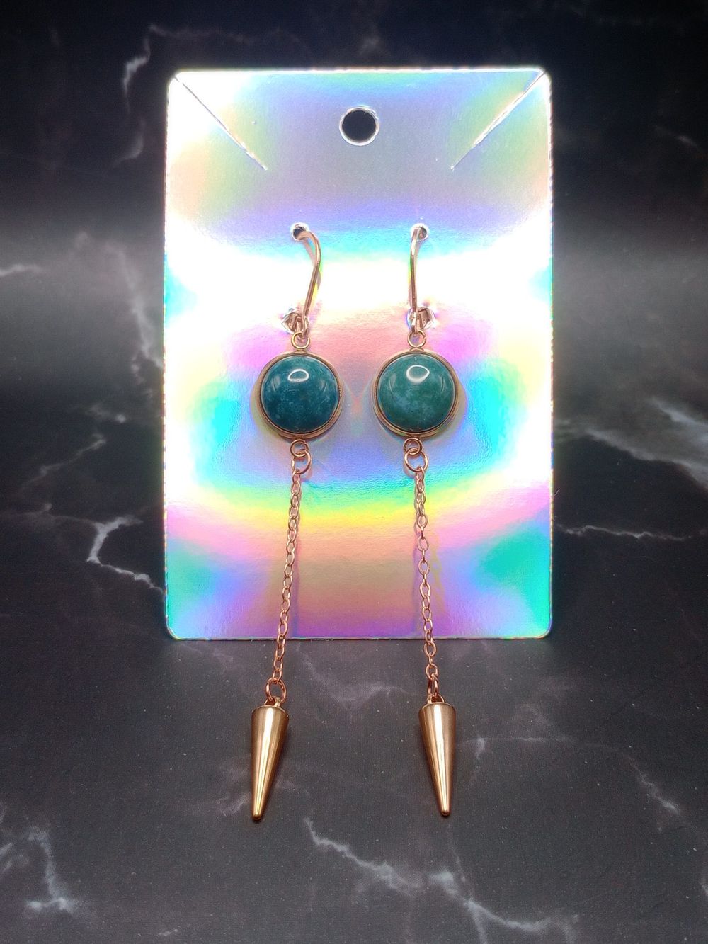  Dark Green and Blue Marbled Gemstone Cabochon Spike Dangle ...