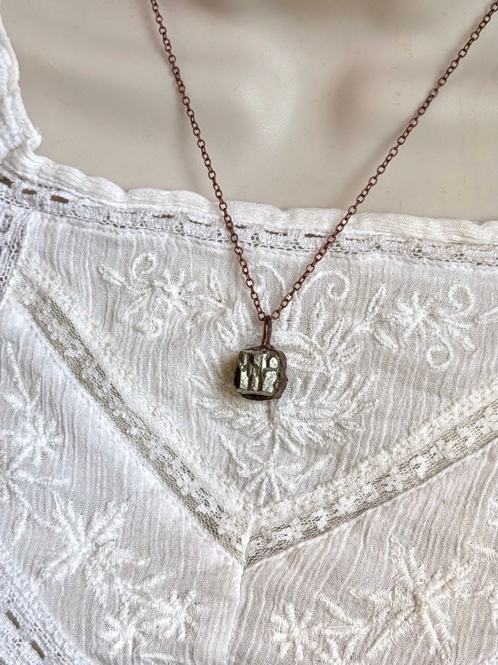 Dainty Raw Pyrite Cube Necklace 17” Chain