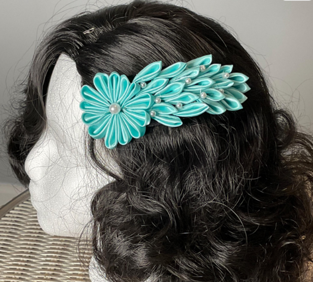Teal Kanzashi Flower hair comb