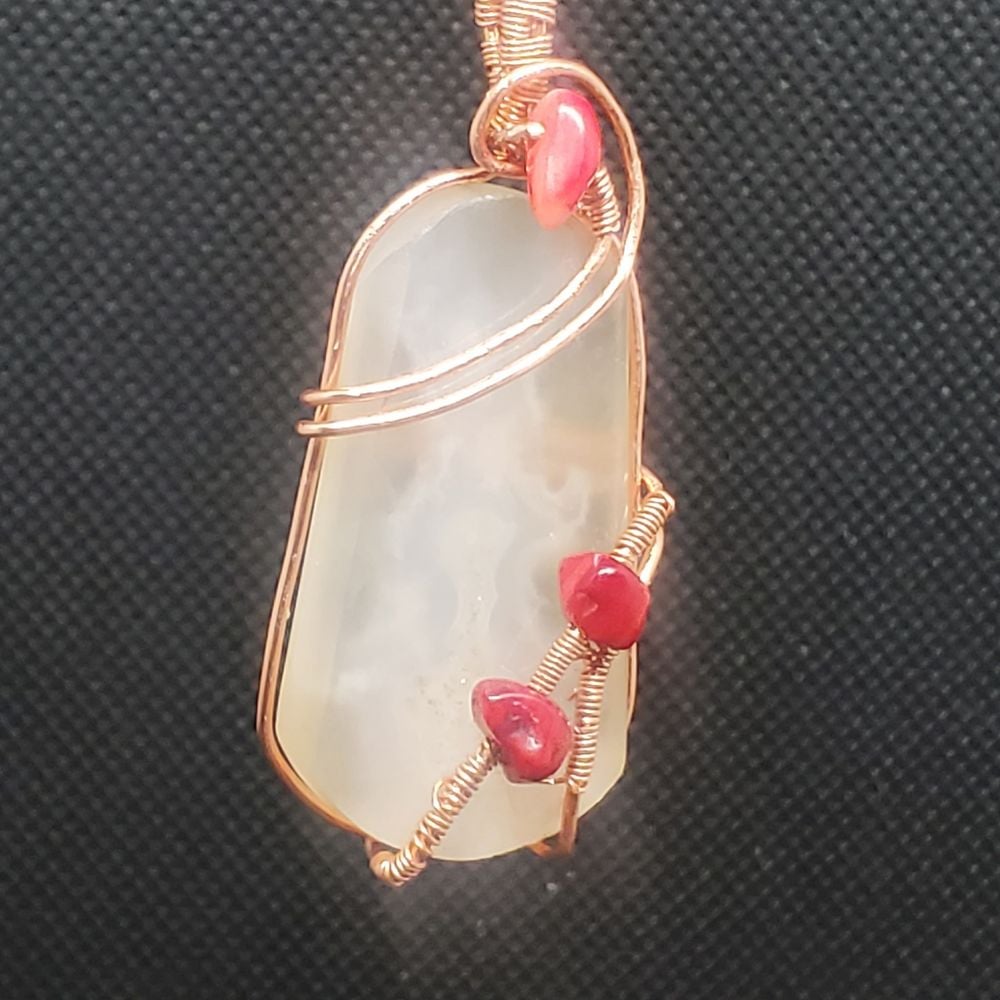 Wire Wrapped Agate Necklace with Red Coral Accent Stones